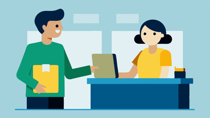 Fototapeta premium Customer Service Interaction A friendly customer service representative helping a customer return an item with a receipt and a product box on the counter.