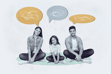 Full 3d poster art collage of happy girl guy stand bubble communication chatterbox speech scribble dialogue conversation