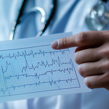 Doctor reviewing a patient s EKG with focused care pointing to a critical heart rhythm with cool
