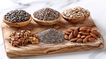 Obraz premium Close up of natural foods grains, seeds, and nuts displayed on a wooden board, unpackaged and fresh