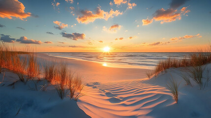 Tranquil sunset over a sandy beach.