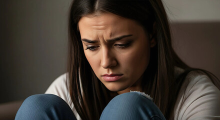 A woman sits on a couch, resting her hands on her face, appearing deep in thought or contemplation, Generative AI.