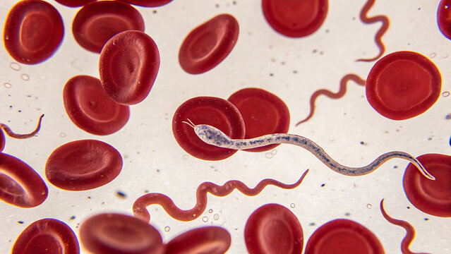 Thin Blood Smear Showing Trypanosoma Parasites Between Red Blood Cells &ndash; Microscopic View