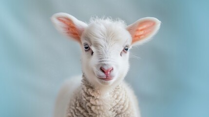 Fototapeta premium Adorable White Baby Lamb Portrait on Soft Blue Background, studio animal photo, copy space