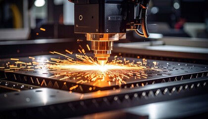 Industrial Precision: A close-up view showcases an industrial laser cutting machine in action, meticulously shaping a metal sheet with fiery precision.