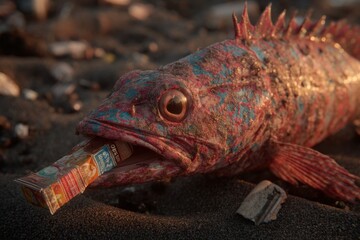 A dead fish lying on a sandy beach with trash in its mouth, conveying a strong message about marine pollution and the detrimental effects on ocean ecosystems and wildlife.