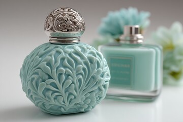 A luxurious set of perfume bottles, showcasing intricate designs and elegant details, with a soft, light blue hue and ornate, metallic caps, conveying sophistication.
