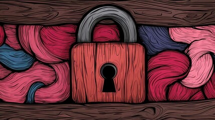 A wooden padlock secures a collection of colorful textured fibers