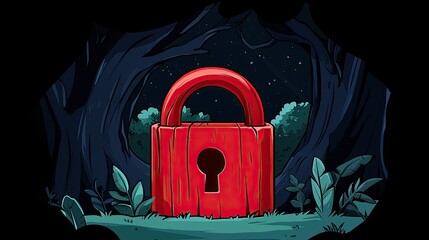 A Large Red Wooden Lock Amongst the Forest Trees at Night