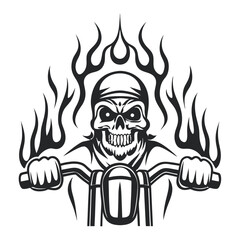 Vector Graphic of a Skull Biker on a Motorcycle with Flames, Isolated on White Background.                                                            