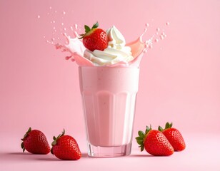Strawberry Milkshake Delight: A vibrant splash of a strawberry milkshake, topped with fresh strawberries and whipped cream, creating a refreshing and delightful visual experience.
