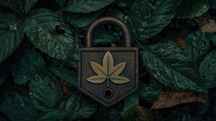 A rusty padlock with a leaf design on a green leaf background