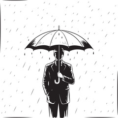 Umbrella in the Rain: A monochromatic artistic depiction of an umbrella shielding from a downpour, emphasizing protection and weather-related elements.