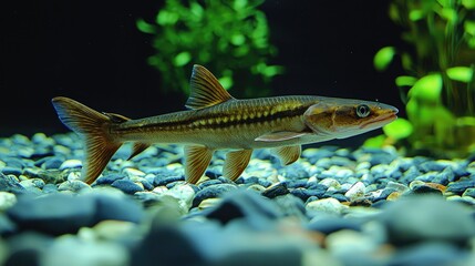 A solitary striped fish swimming in an aquarium environment