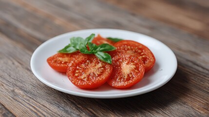Freshly sliced tomatoes garnished with basil on a simple white plate, showcasing the vibrant colors and textures. Perfect for culinary presentations or healthy recipe inspirations.