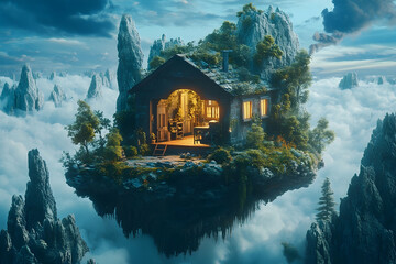 Fototapeta premium A small, cozy house rests on a floating island amongst the clouds.