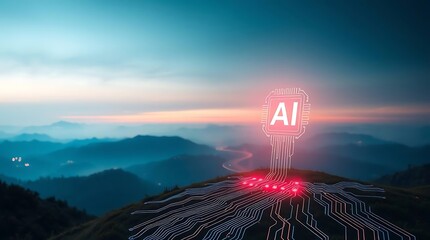 Glowing AI Chip in Desert Dunes at Sunset – Futuristic Technology Landscape Illustration