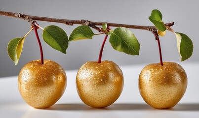 Golden Asian pears hang gracefully