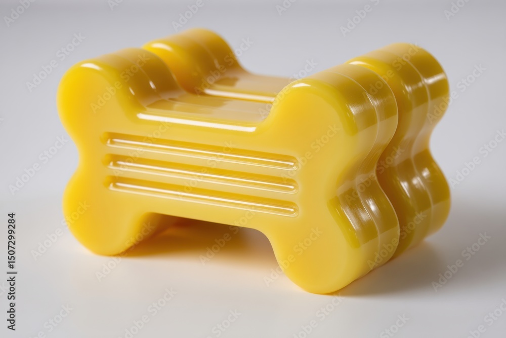 Poster close-up of a unique yellow plastic object, featuring smooth, curved shapes and three horizontal lin
