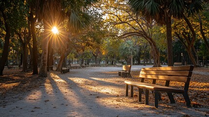Bright sunlight filters through trees in a park with benches