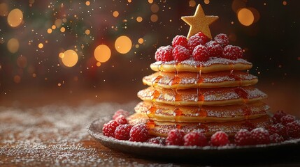 A festive holiday breakfast of pancakes decorated as a tree