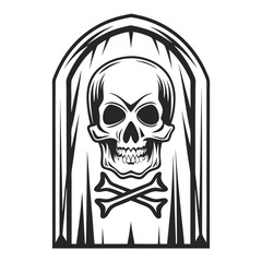 Monochrome Grave Stone Featuring a Skull and Crossbones, Gothic Design, Halloween Theme - Isolated Vector Illustration                                