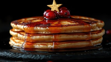 A delicious stack of pancakes drizzled with syrup and fruit