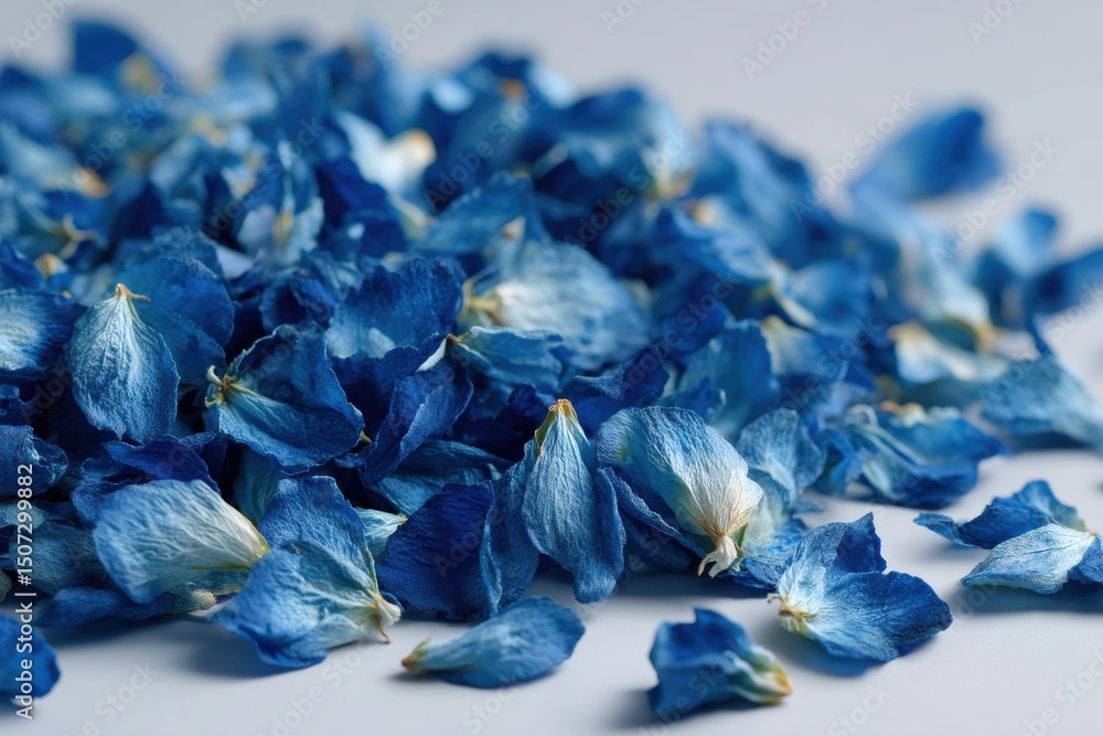 Poster close-up of a multitude of vivid blue flower petals, creating a vibrant and textured pattern, ideal 