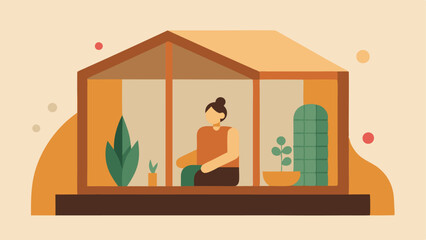 Nature Integration The sauna incorporates natural elements like a wooden frame and small plants outside the transparent walls while a person within embraces the warmth.