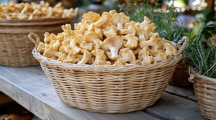 Wicker Baskets Displaying Many Freshly Harvested Yellow Mushrooms