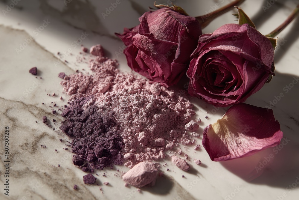 Poster a harmonious blend of dried roses and powdered pigments on a marble surface, creating a unique and e
