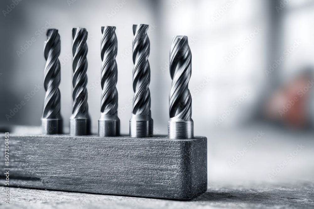 Poster a close-up of a set of fluted drill bits, showcasing precision engineering and craftsmanship with a 