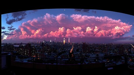 City skyline view beneath colorful pink and purple clouds at dusk
