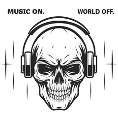 Stylized Skull with Headphones and Sparkles, Black and White Illustration for Music or Audio Theme                                                    