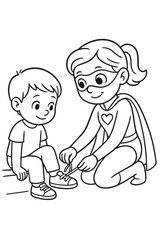 Superhero boy, robot and girl cartoon – coloring page