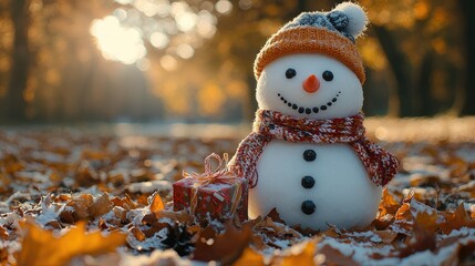 A friendly snowman wearing a hat and scarf with a present