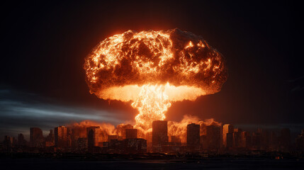 nuclear bomb explosion with mushroom cloud made of fire and smoke over a dark city at night