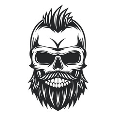 Monochrome Vector Skull with Beard and Mohawk Hairstyle on White Background                                                                           