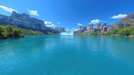 A beautiful waterfall cascading into a large body of turquoise water