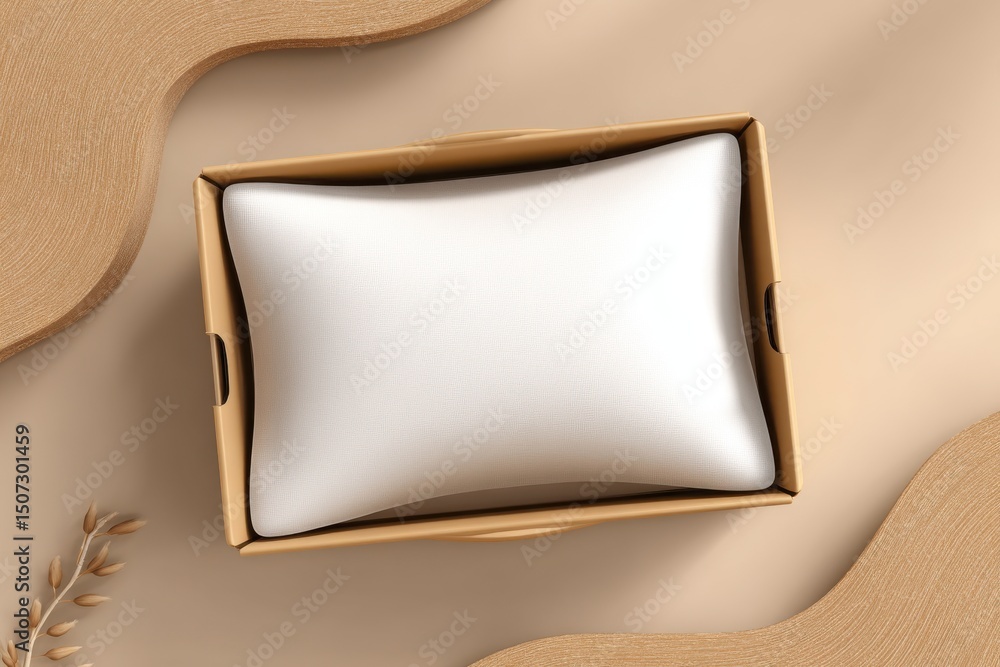 Poster an overhead shot of a white pillow placed inside a cardboard box, against a plain background with a 
