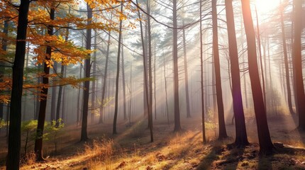 Obraz premium Forest scene with tall slim trees rising through a hazy sunlit atmosphere Autumnal foliage adds color on the left side