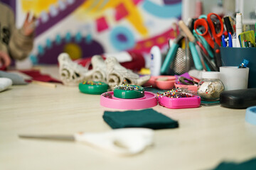 Sewing workshop for kids. Close up. 