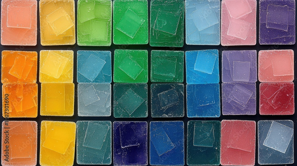 Poster colorful squares composed of various colored translucent and opaque forms