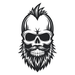Monochrome Skull with Beard and Mohawk: Stylish Vector Illustration for Edgy Designs and Tattoo Art, Isolated on White                                