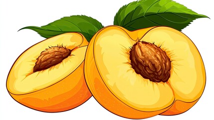 Two halves of a delicious peach with green leaves are depicted
