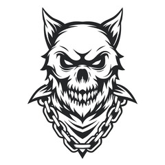 Fototapeta premium Monochrome Vector Illustration of a Feline Skull Wearing a Chain, Isolated on White Background 