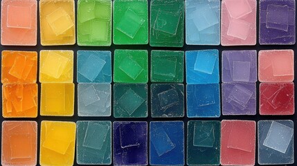 Colorful squares composed of various colored translucent and opaque forms