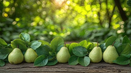 A row of pears with vibrant leaves on wooden surface