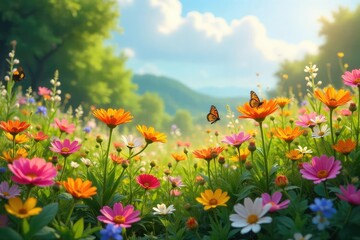 Naklejka premium A sun-drenched mound of wildflowers bursting with vibrant summer blooms, attracting butterflies and bees Perfect for nature, summer, and floral themes , plants, colorful, hill