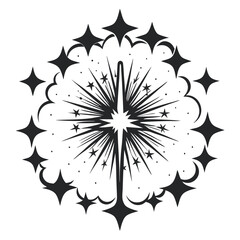 Stylized Burst of Light & Stars, Black and White Illustration for Christmas, Celebration, or Magic Themes.                                            